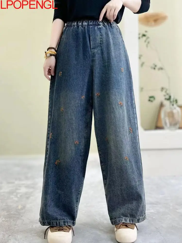 

New Fashion Woman Spring Retro Ethnic Style Simple Straight Jeans Literary Embroidery Floral Elastic Waist Denim Wide-leg Pants