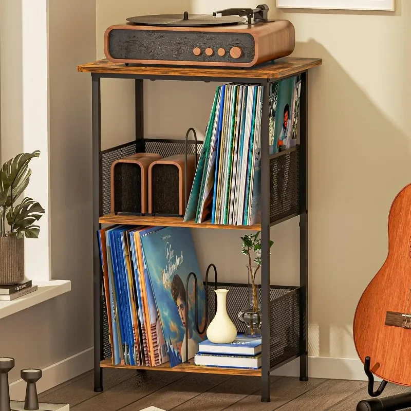 Industrial Iron & Wood Vinyl Record Rack, Black Multi-layer LP Album Display Storage Shelf Freestanding Record Cabinet