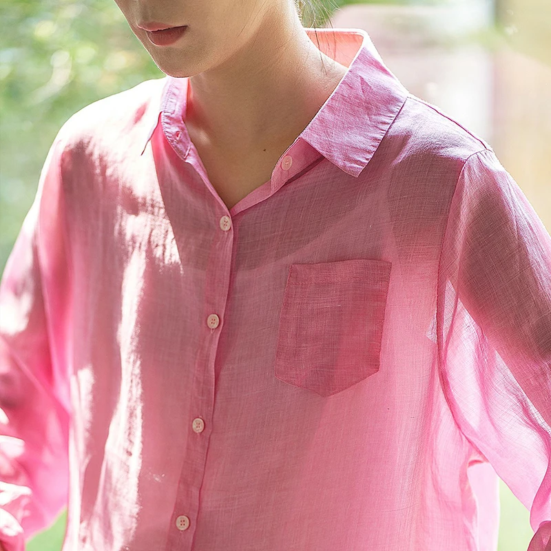 Women Long Sleeve Linen Shirt New Arrival 2025 Summer Simple Style Turn-down Collar Loose Female Casual Pink Tops Shirts M1835