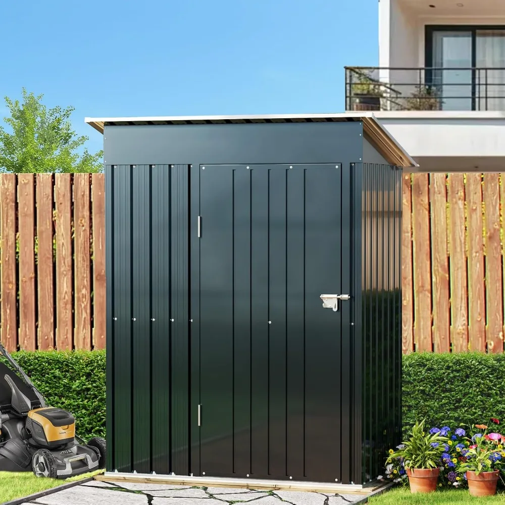 5x3FT แนวตั้งกลางแจ้งเหล็ก Storage Shed พร้อมกรอบพื้น,ประตูล็อค,โลหะขนาดกะทัดรัดเครื่องมือ Shed สําหรับ Garden, Backyard, Patio