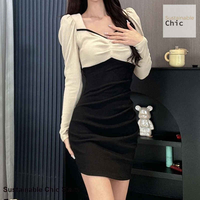 

French stitching fake two-piece long-sleeved dress women's spring and summer new fashion temperament slim bottoming hip skirt.