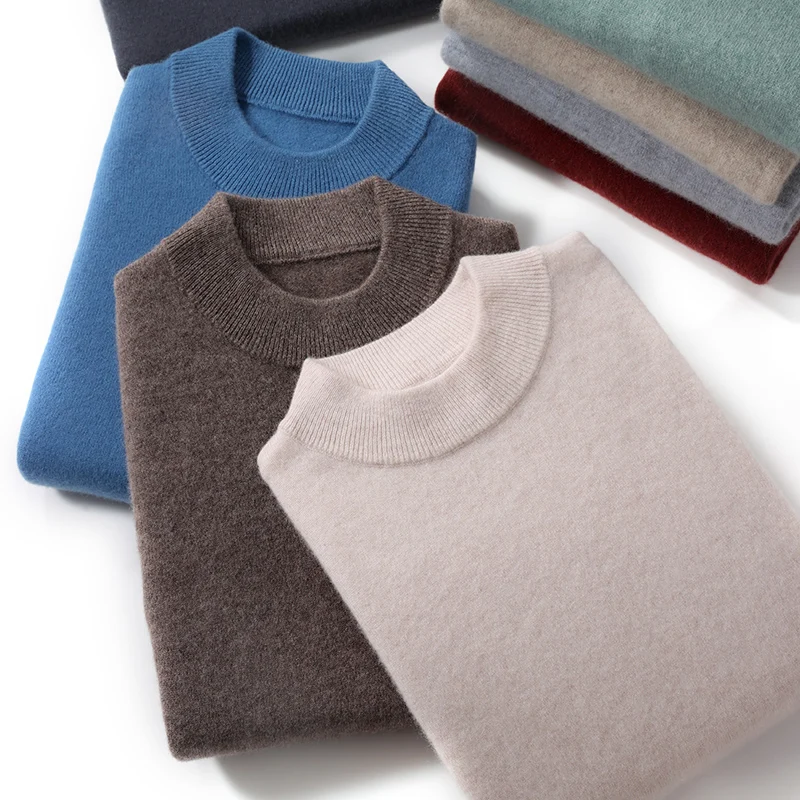 Autumn And Winter Cashmere Semi-Turtle Neck Men's Knitted Padded Wool Pullover Round Neck Knitted Bottoming Shirt