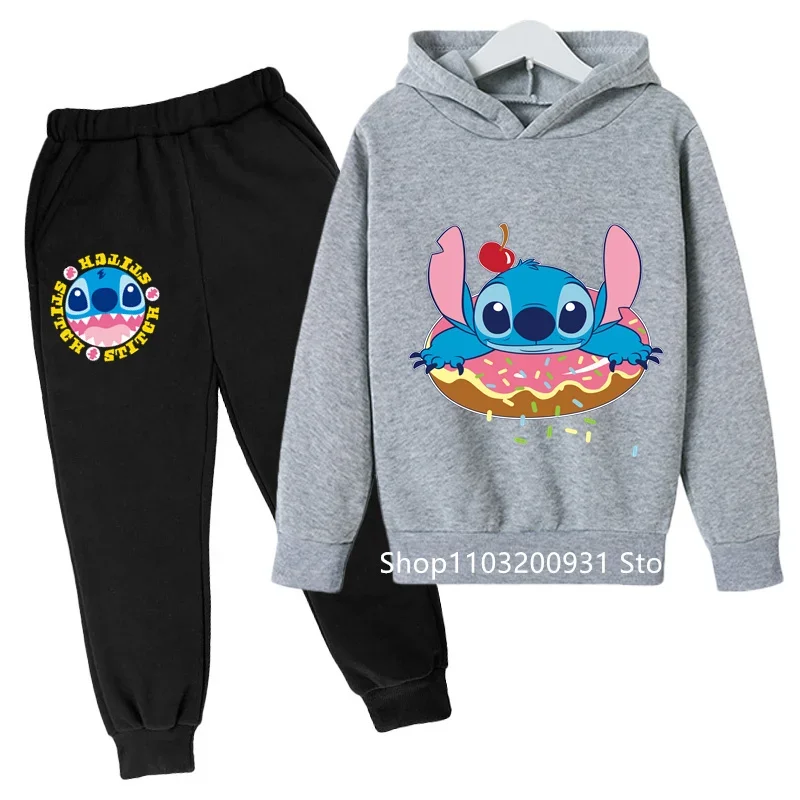 3-12 Years Old Girls Lilo Stitch Hoodies Sets Kids Boys Autumn Spring Long Sleeve Sweatshirts Trousers 2Pcs Costume Outfits