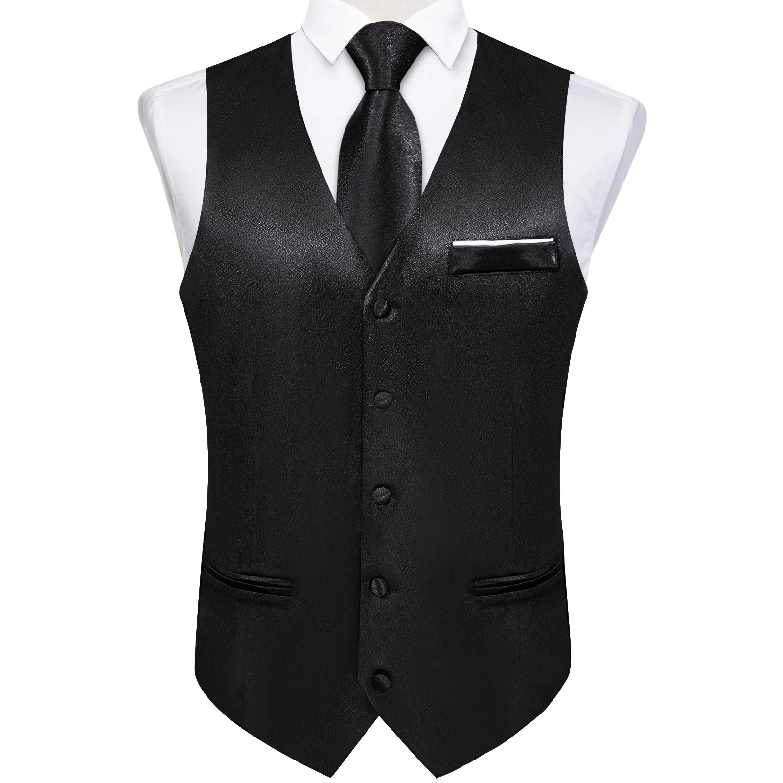 Black Satin Vest with Luxury Necktie Pocket Square Cufflinks for Man Wedding Fashion Classic Men's Business Tuxedo Waistcoats