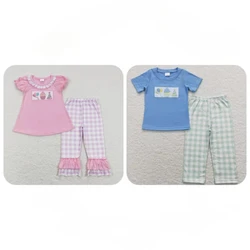 Infant Kids Birthday Sleepwear Outfit Toddler Short Sleeves Embroidery Shirt Tops Children Plaid Pants Baby Boy Girl Set Pajamas