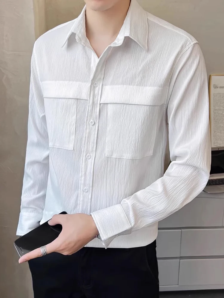 

Мужская модная рубашка с длинным рукавом, приталенного кроя, однотонная, осенняя, в корейском стиле, премиум-класса