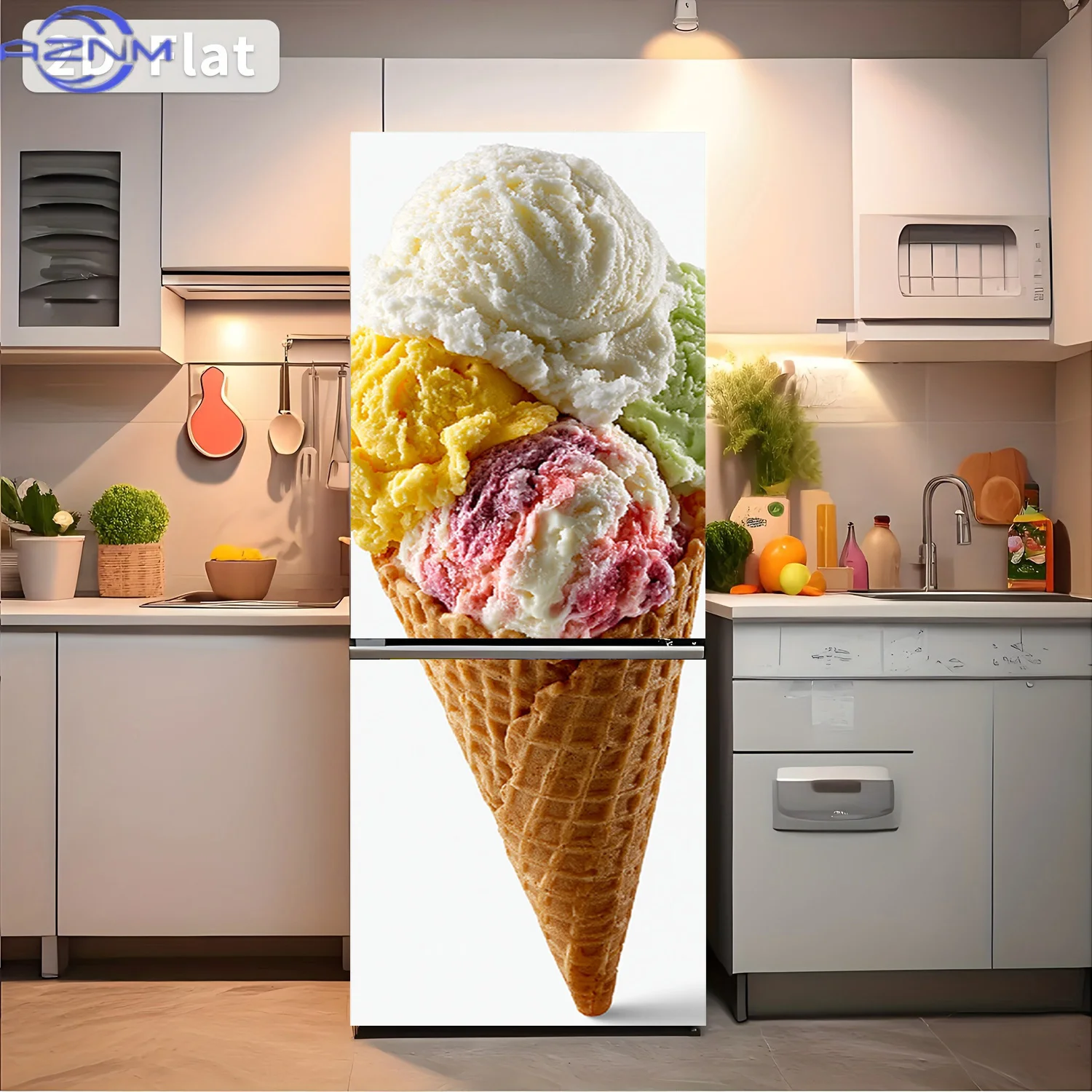 2D Flat Printing 1pc Refrigerator Sticker  Colorful Cone Ice Cream Themed Design Wall Decal Self-Adhesive Wallpaper Suitable f