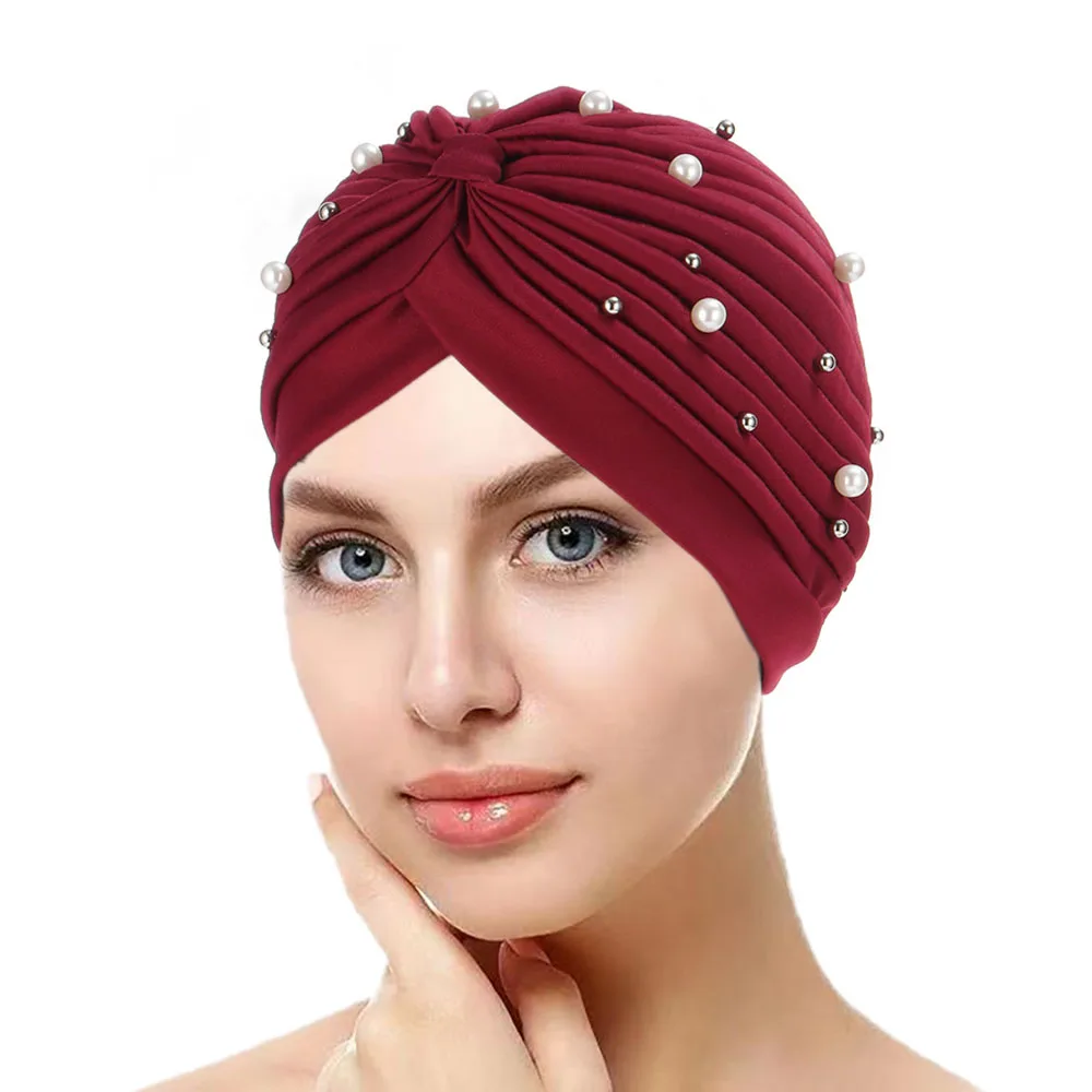 

Indian Women Muslim Hijab Beads Turbante Bonnet Chemo Caps Pleated Hair Loss Hat Headwrap Scarf Cover Beanies Cancer India Mujer