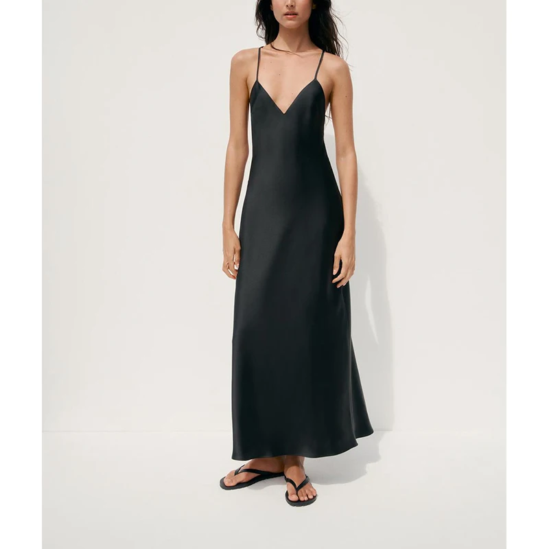 Sommer Neuankömmling Damenmatte V-ne Svel Seidensatin Feel ter Midi Dr Pendeln Hohe Taille Polyester