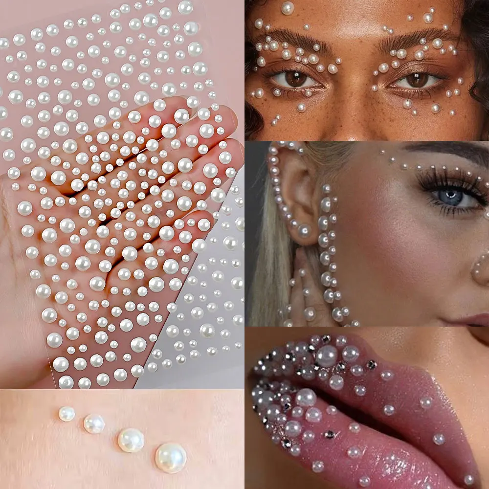 3D Round White Pearl Rhinestones Face Gem Stickers 3/4/5mm Mixed Self-adhesive Pearl Beads Jewel Face,Body,Nail,Hair Decoration
