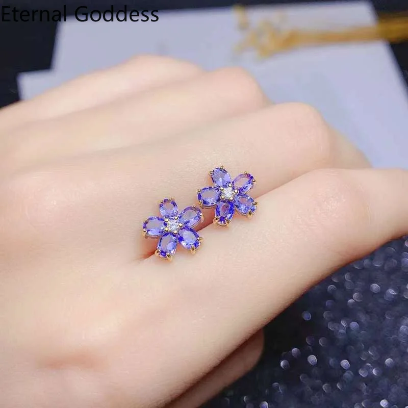 

S925 Sterling Silver Natural Tanzanite Stud Earrings Women's Blue Gemstone Delicate Stud Earrings Genuine Jewelry Earrings