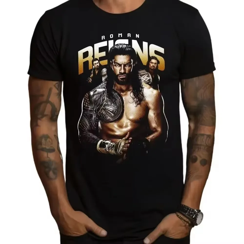 Casual Sports Short Sleeve Men's Summer Cotton Print Running Fitness Ball Roman Reigns Wrestling T-Shirt Black WWE harajuku