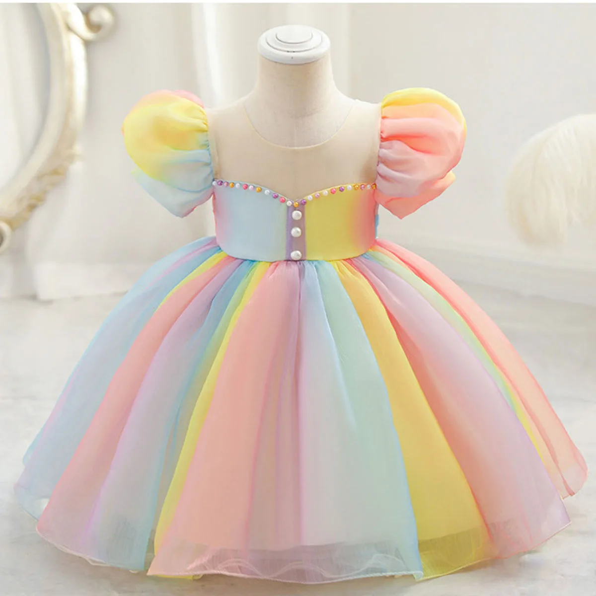 

Shiny Toddler Baby Girls Puff Sleeves Pearls Flower Girl 1st Birthday Party Graduation Ceremony Pageant Holiday Dress