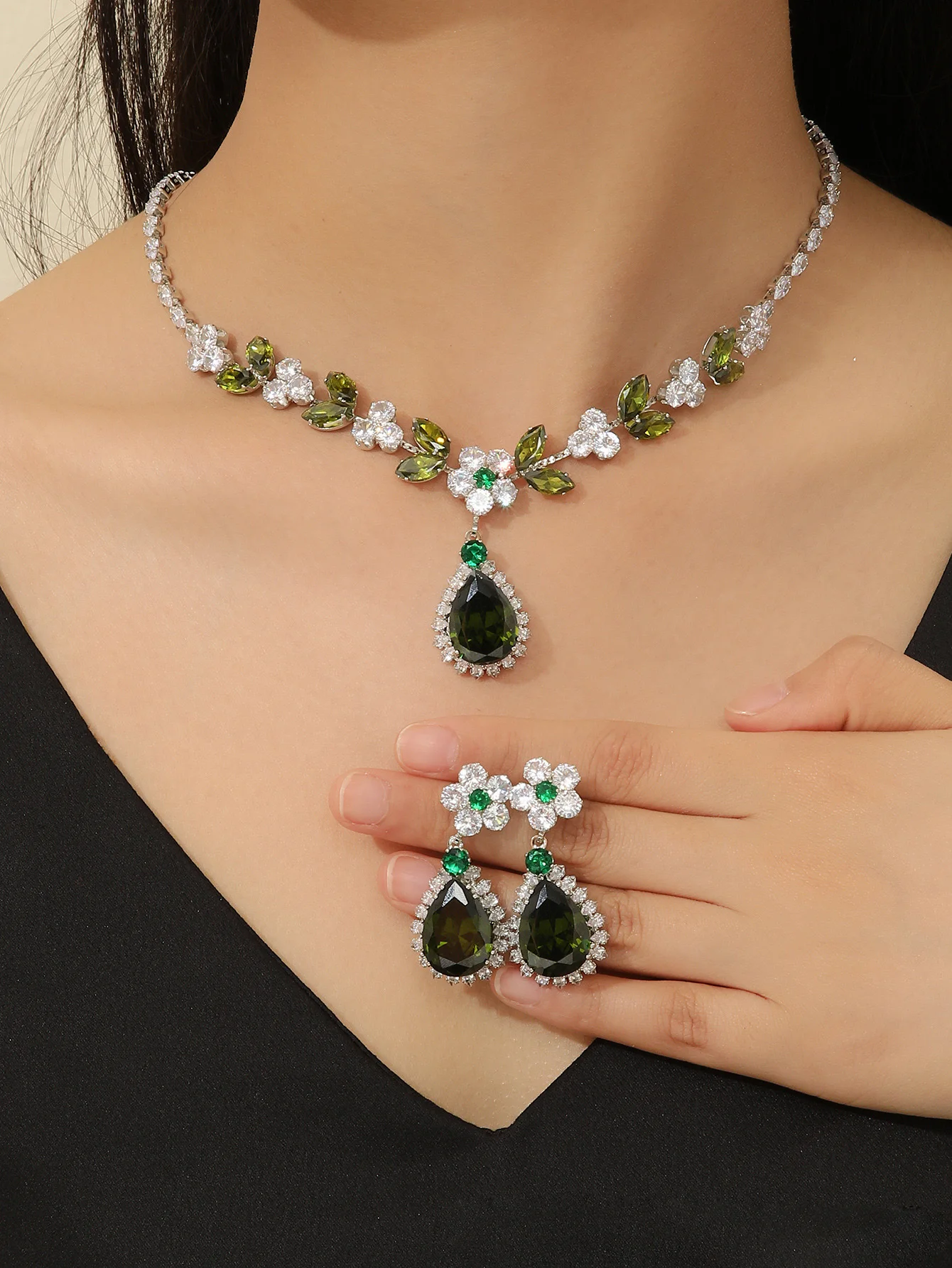 Women Pink Flower Drop Gemstone Necklace 18K Gold Plated Zircon Earrings Set