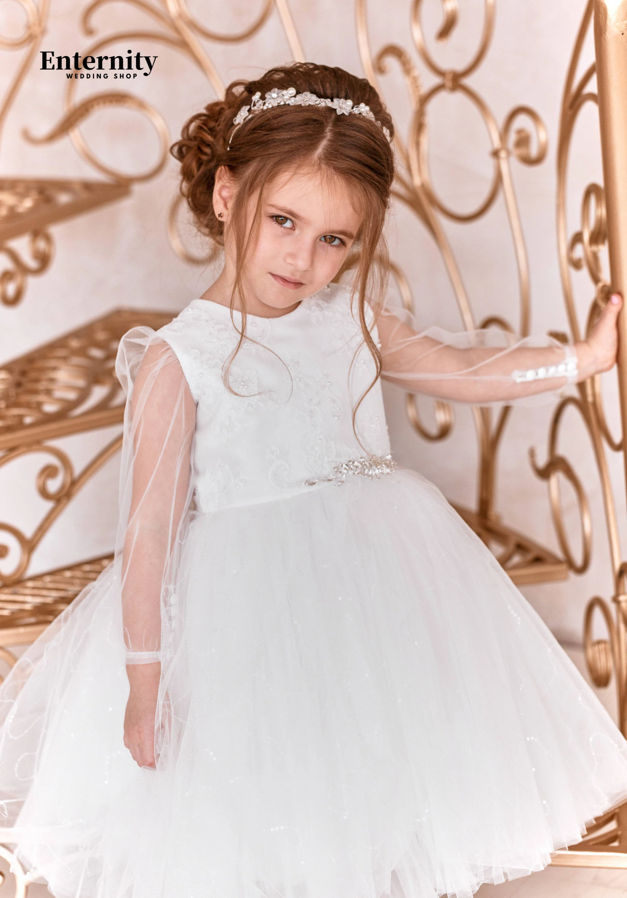 Customized Flower Girl O Neck A Line Wedding Party Dress Long Sleeve Lace Applique Sequins Bow Tea Length First Communion Dress