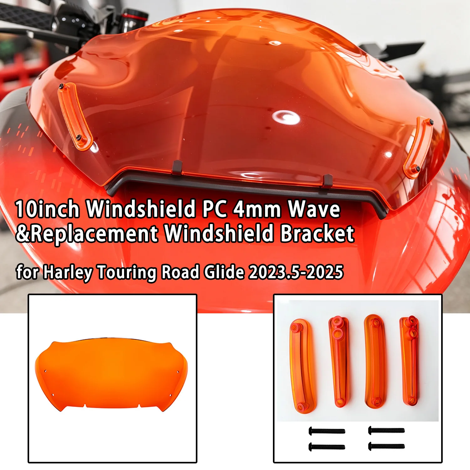 Image of Motorrad 10 Zoll Windschutzscheibe PC 4mm Wellenförmige Windschutzscheibe & Ersatz-Windschutzscheibenhalterung für Harley Touring Road Glide 2023.5-2025