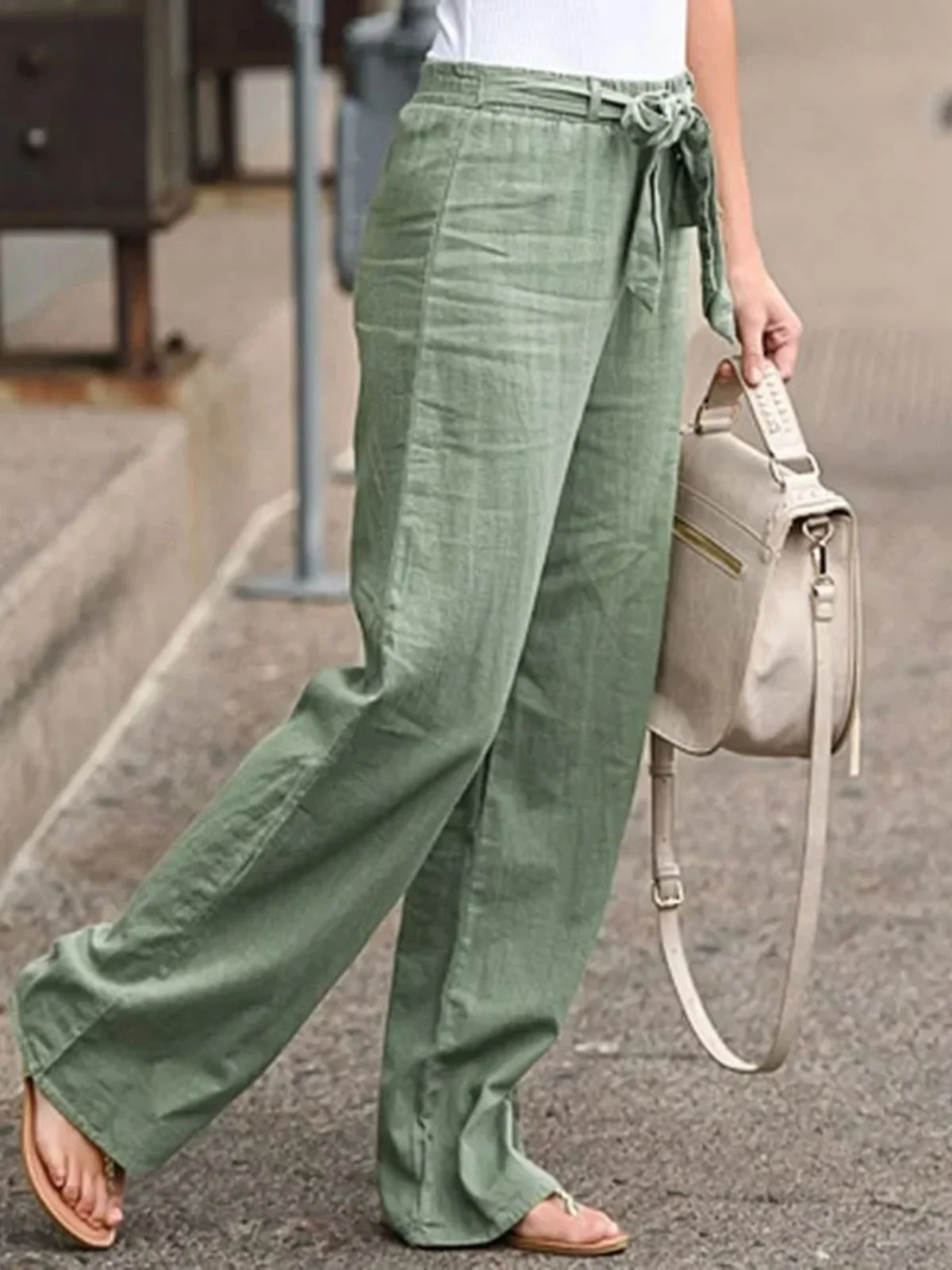 Pantalones de pierna ancha de Color puro con cintura elástica de cintura alta, pantalones de tubo rectos largos holgados para mujer, temporada de otoño