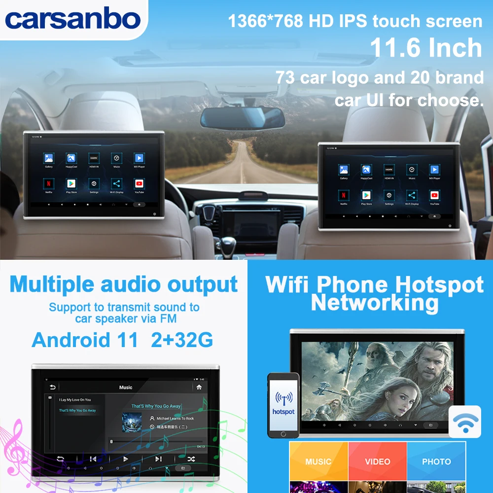 Carsanbo 11.6 Inch Headrest Monitors Android 11 Tablet Multimedia Video Game TV Fit For Ford VOLVO Honda AUDI Mercedes BMW VW GM