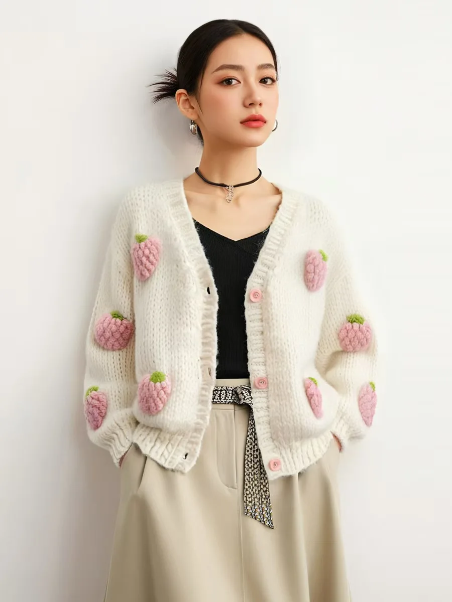 Strawberry Printed Crochet Cardigans Women Winter Korean Style Loose Knitting Sweater Female Fashion Casual V Neck Cardigan Tops