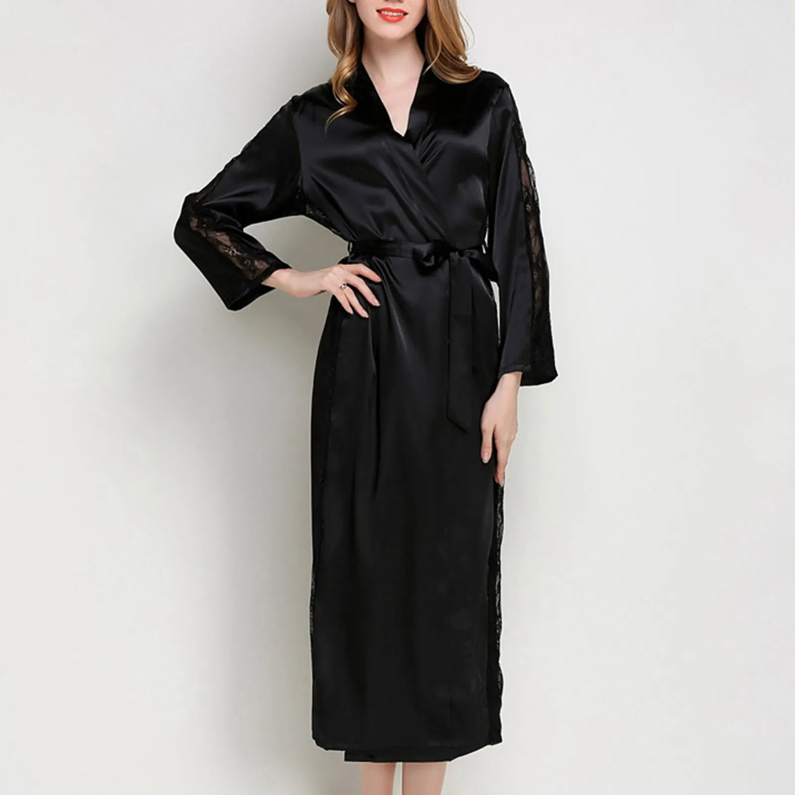 

Silk Satin Robes Womens Long Sleeve Pajamas Nightwear Femme Lounge Pyjama Black Blue Pink Lace Long Robe Night Wear Sleepwear