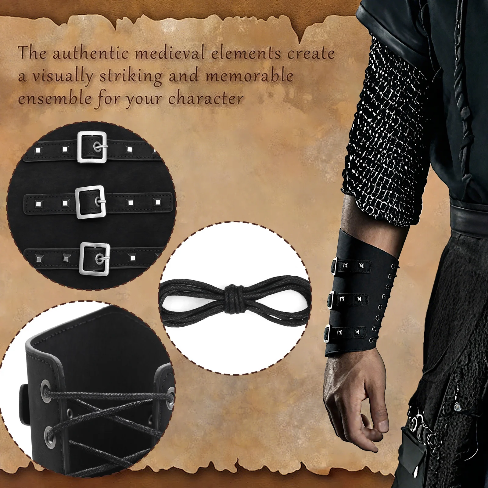 Middle Ages Man Leather Wrist Guard Retro Punk and Herringbone Wrist Guard Carnival Cosplay Costume Accessories Arm Guards