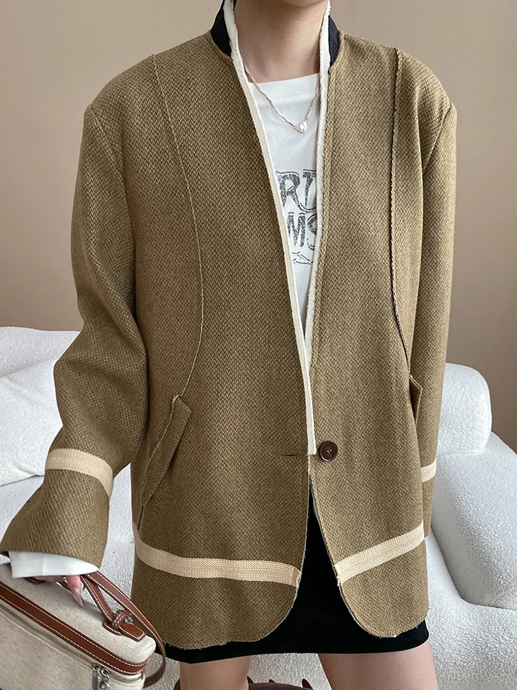 예모라 카멜 울 패치워크 버 캐주얼 블레이저 여성용 V넥 롱 슬리브 루즈핏 신상 재킷 패션 트렌드 봄 가을 2025