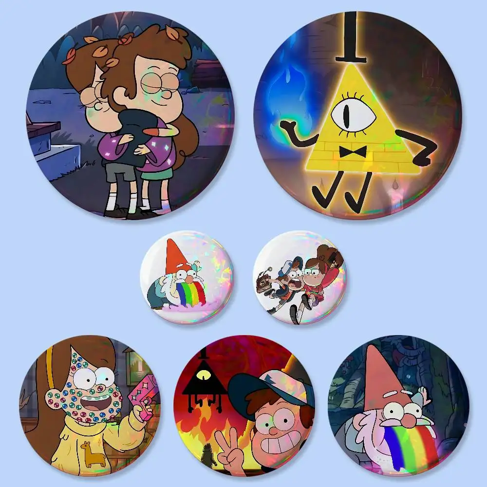 Niedliche G-Gravity Falls-S Abzeichen 25 32 44 58 75 mm Runde Cosplay-Pins Taschendekoration Fans Sammlerstücke Freunde Geschenke Brosche Souvenir