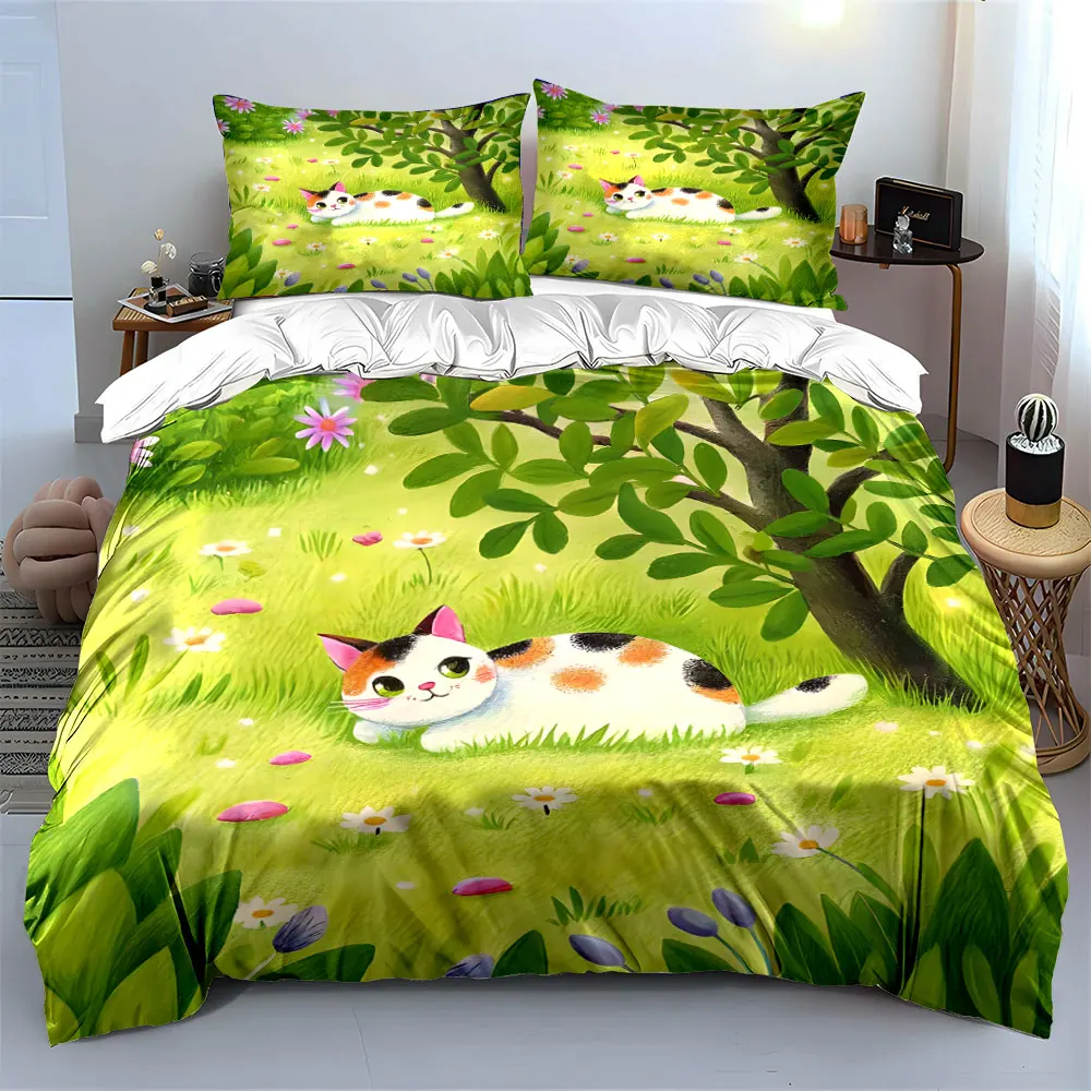 Cute cat in meadow. Print Bedding Set 1 Duvet Cover 2 Pillowcases for Adult and Children Luxury Gift Full Size