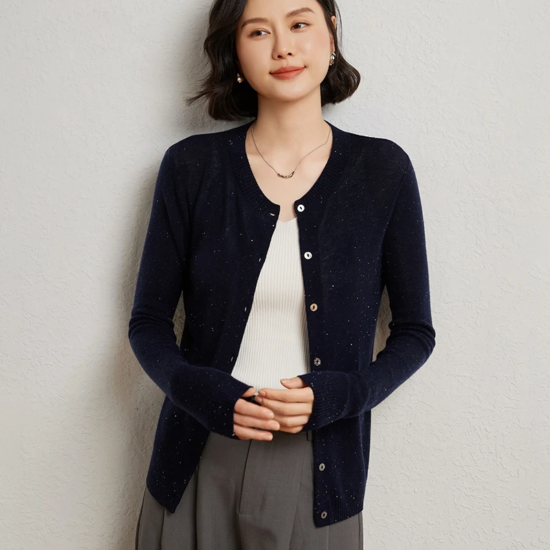 

O-Neck Cardigan 100% Merino Wool Sweater Spring And Autumn Soft Women Long Sleeve Knitwear Elegant Clothing Tops