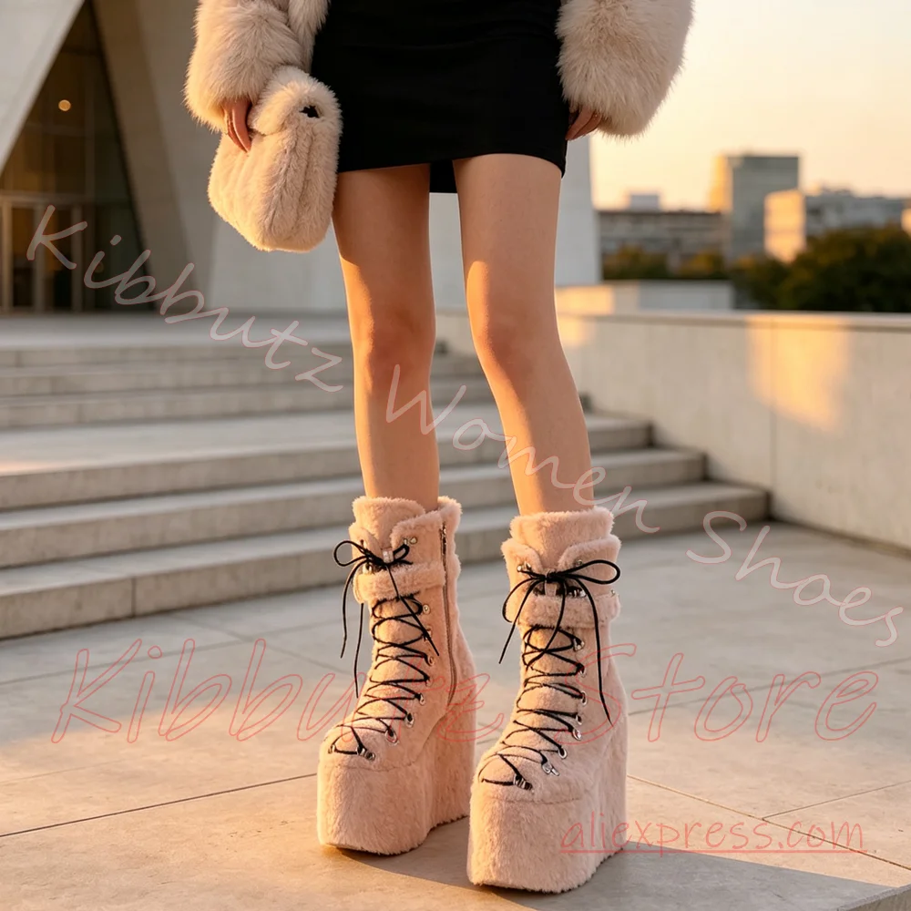 Platform Wedge Ankle Boots Women Fluffy Fur Lace Up Multi Buckle Strap Goth Festival Winter Shoes Solid Color Fashion Luxury New