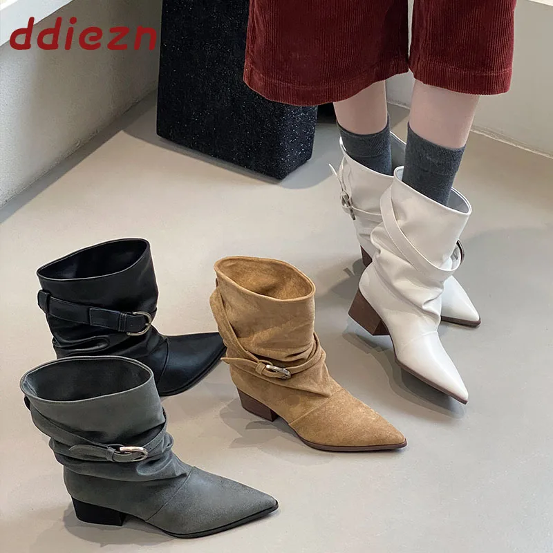 Female Designer Fashion Buckle Women Ankle Modern Boots New Autumn Winter Pointed Toe Pleated Ladies Booties Square Heels Shoes