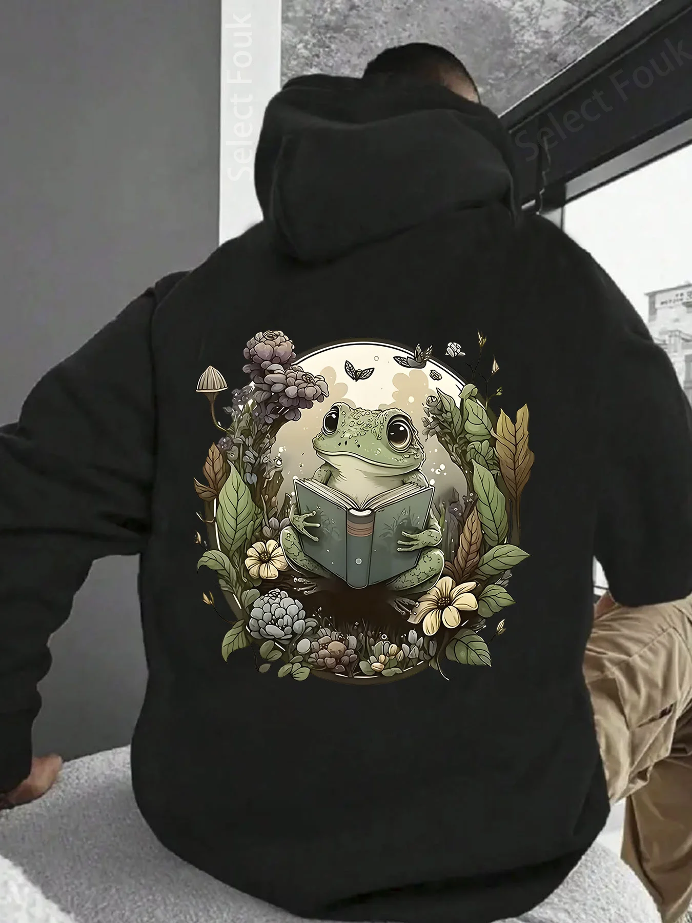 

Толстовка Kawaii Frog Reading, винтажная толстовка Cottagecore Fairycore Aesthetic, большие размеры, с принтом на спине, мужские толстовки