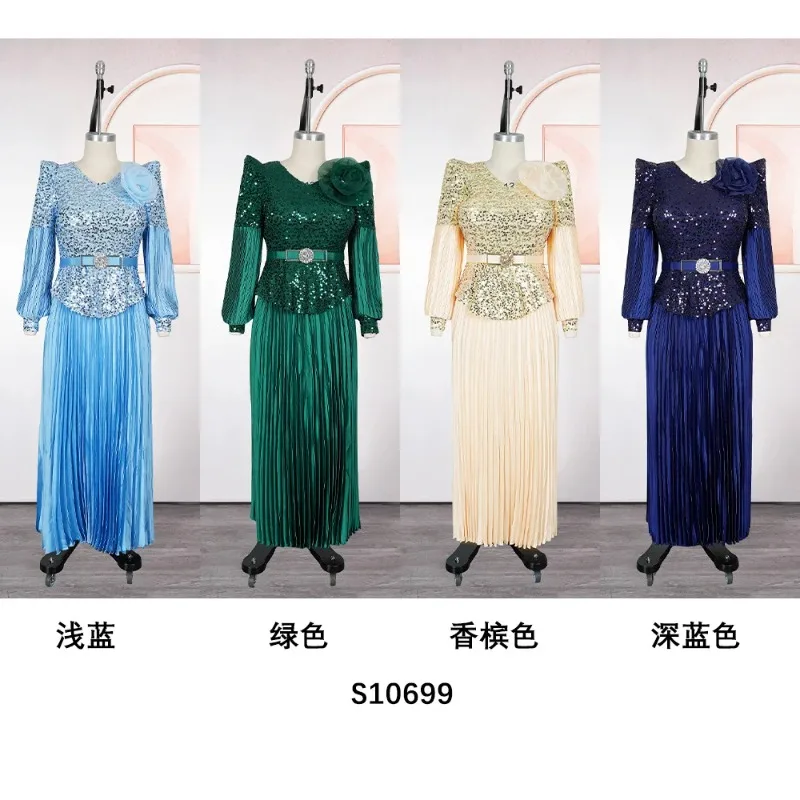 

Maxi Dress for Women Long Sleeve V-neck Sequin Wedding Gown Pleated Long Dress for Evening Party Christmas