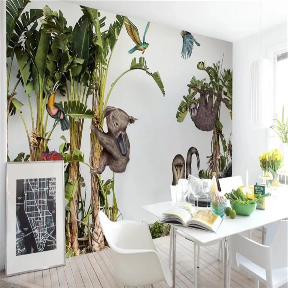 Customized product wallpaper 3D mural European simple rainforest plant banana leaf garden background wall children's room animal
