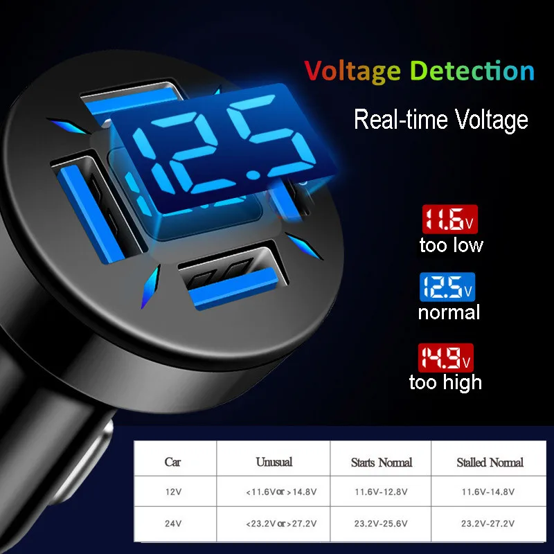 66W 4 Ports USB Car Phone Charger Type C Car Fast Charging Adapter With Digital Display Car Cigarette Lighter For Oneplus Xiaomi