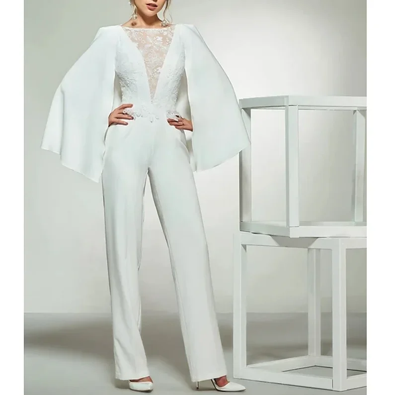 Jumpsuits Bateau Neck Lace Satin Wedding gown Long Sleeve Romantic Plus Size Modern Wedding Dresses with Lace Insert 2020