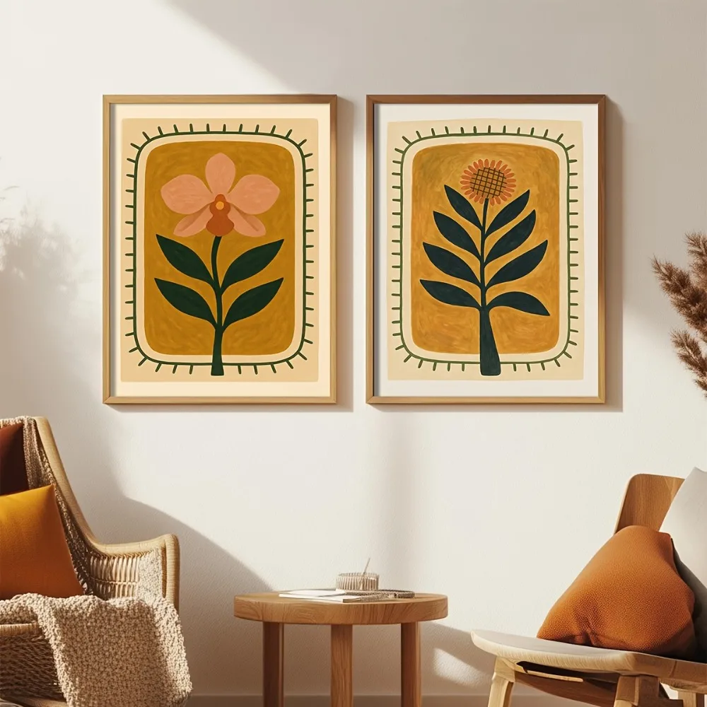 Rahmenlose Wanddekoration mit Blumen- und Pflanzenthema, einfacher Orchideendruck, rustikales Poster mit Sonnenblumenillustration, modernes Bohemian-Dekor