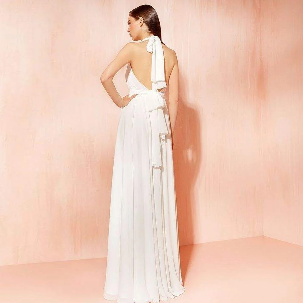 YCJ Halter Neck Wedding Dresses A Line Open Back Bridal Grown Floor Length Front Slit Sleeveless Tie Chiffon свадебное платье