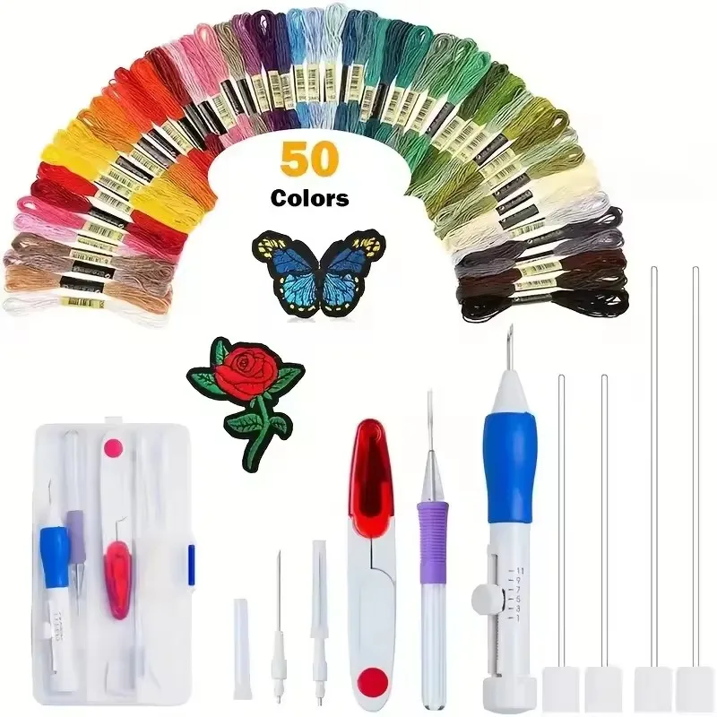 50 Colors Punch Needle Embroidery Kit for Beginners Adults - Complete Sewing Kit with Threads for Crafting and DIY Projects