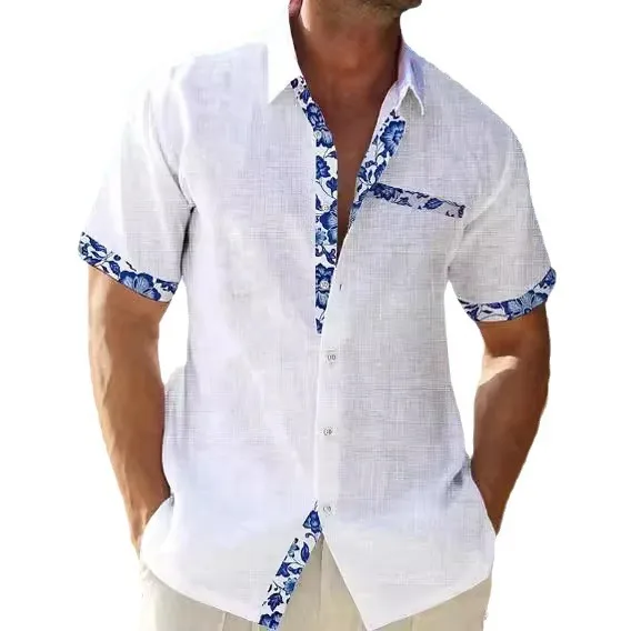 2026 Summer Men's Hawaiian Cotton Linen Shirt Color Block Collar Short Sleeve Cardigan Beach Vacation Casual Tops Lightweight