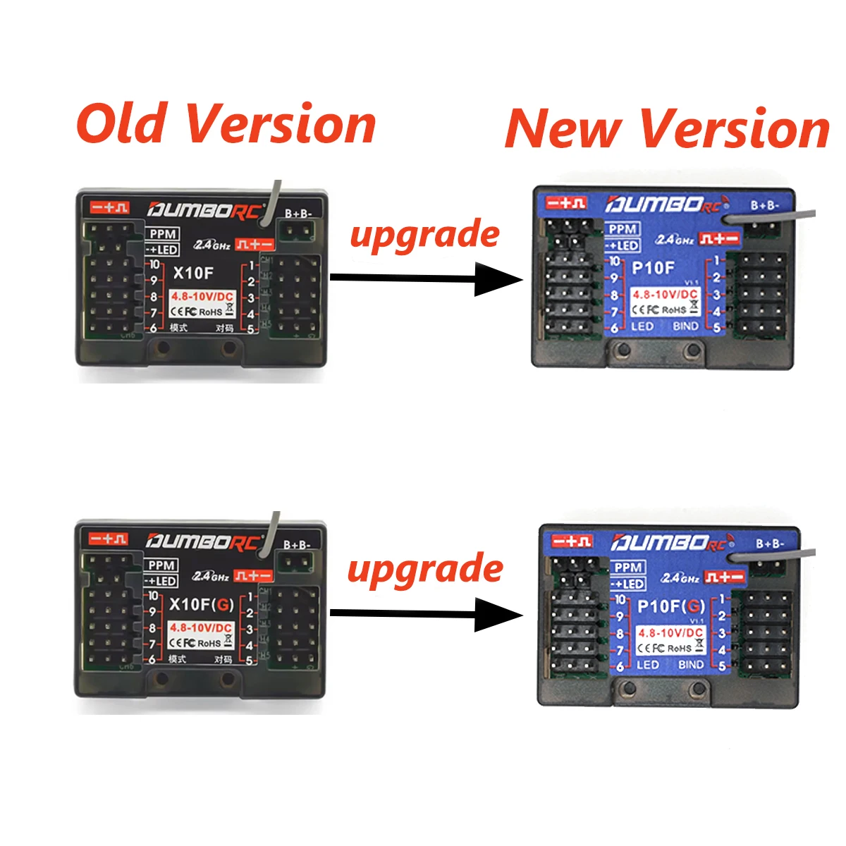 DUMBORC 2.4G 10CH P10F/P10FG Gyro Receiver Radio System for X4 X6 X6PM-350 DDF-350 Transmitter Remote Control RC Car Boat Model