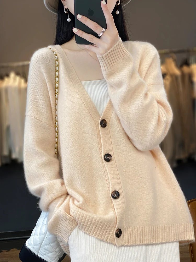 

New Chic Women V-neck Cardigan Solid Soft Warm 100% Merino Wool Sweater Autumn Winter Casual Loose Cashmere Knitwear Korean Tops