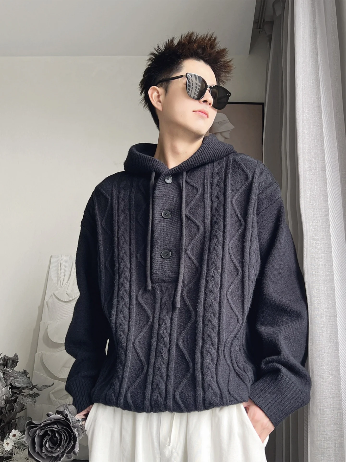 

Мужская вязаная шапка с узором косы, теплая зимняя, модная, с длинными рукавами, повседневная одежда