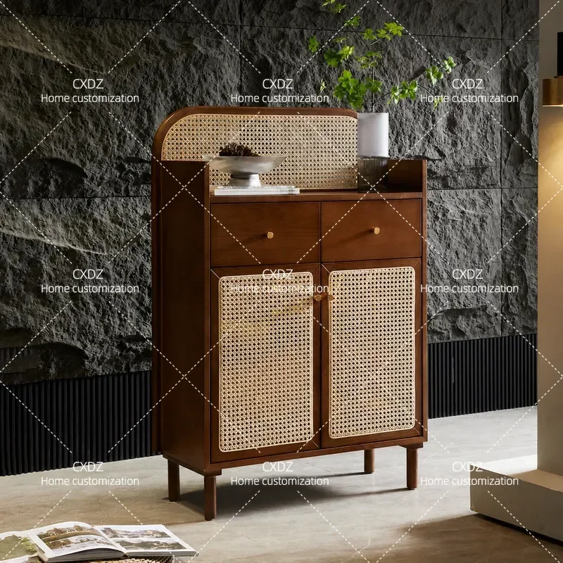 Solid Wood Rattan Dining Side Cabinet Japanese Wabi Sabi Style Living Room Storage Locker Shoe Cabinet Entrance Hallway
