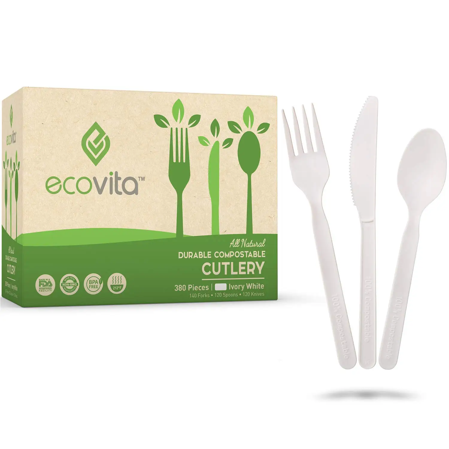 

Large Disposable Compostable Utensil Set - 380 Eco-Friendly Forks Spoons Knives with Tray