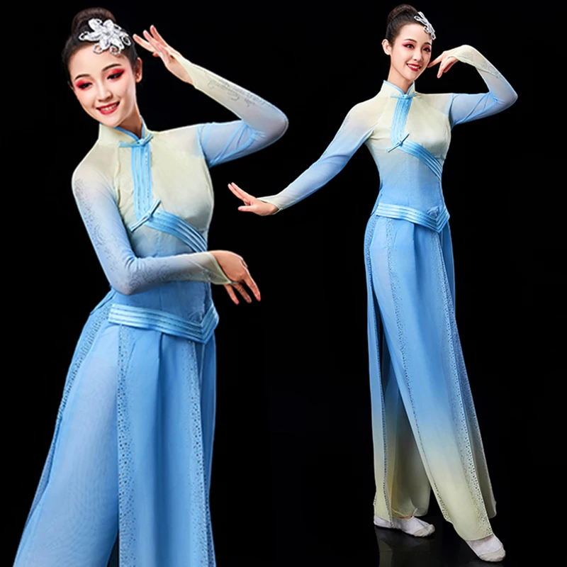 

Traditional Chinese Clothing Women Ancient Yangko folk dance Fan blue Costume Costumes woman yangge dancing dances clothes dress