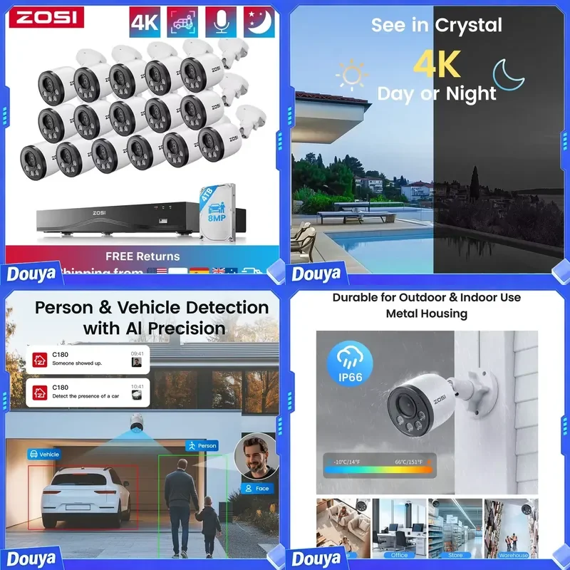 ZOSI 16CH 4K CCTV Video Set 8MP Outdoor Indoor PoE Cameras 16Port 32-Channel NVR with 4TB HDD P2P Cameras System