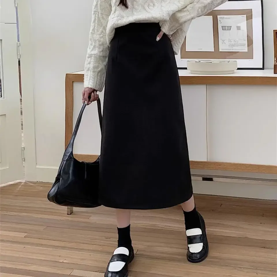 Women Workwear Skirt Elegant Women's A-line Skirt with High Waist Retro Slit Detail for Autumn Winter Flattering Midi for A