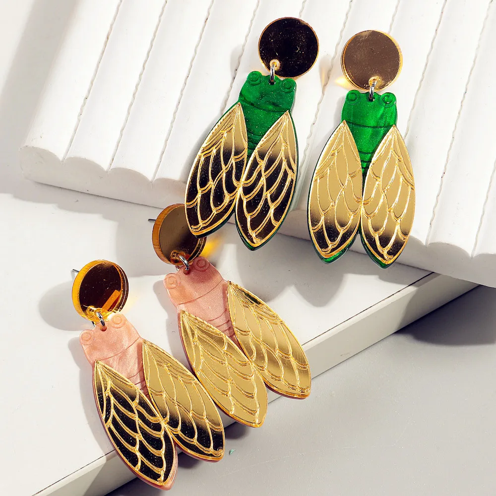 

New Mirrored Cicada Acrylic Drop Earrings for Women Funny Gold Color Cartoon Insect Wings Dangle Earrings Creative Jewelry Gifts