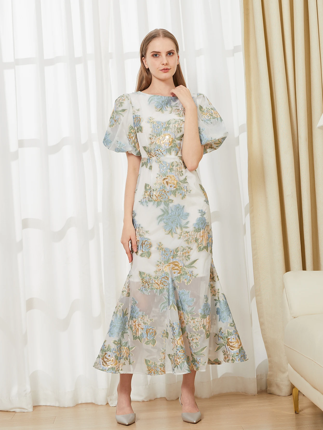 DEVCHATA Elegantes Blumen-Organza-Fischschwanz-langes Kleid, Maxi-Luxus-Meerjungfrau-Abendkleid, Puffärmel, modisches, schlankes Party-Club-Kleid – Detail 9